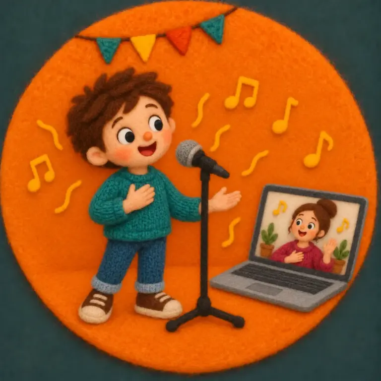 Felt illustration of a child learning singing with an online teacher