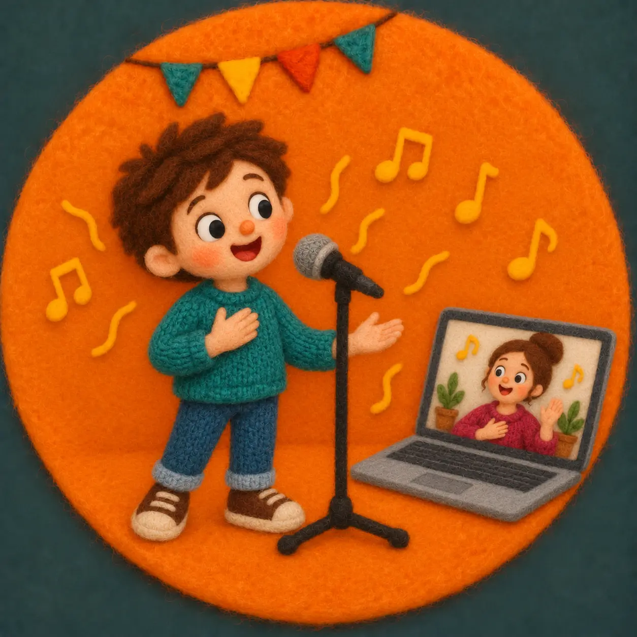 Felt illustration of a child learning singing with an online teacher