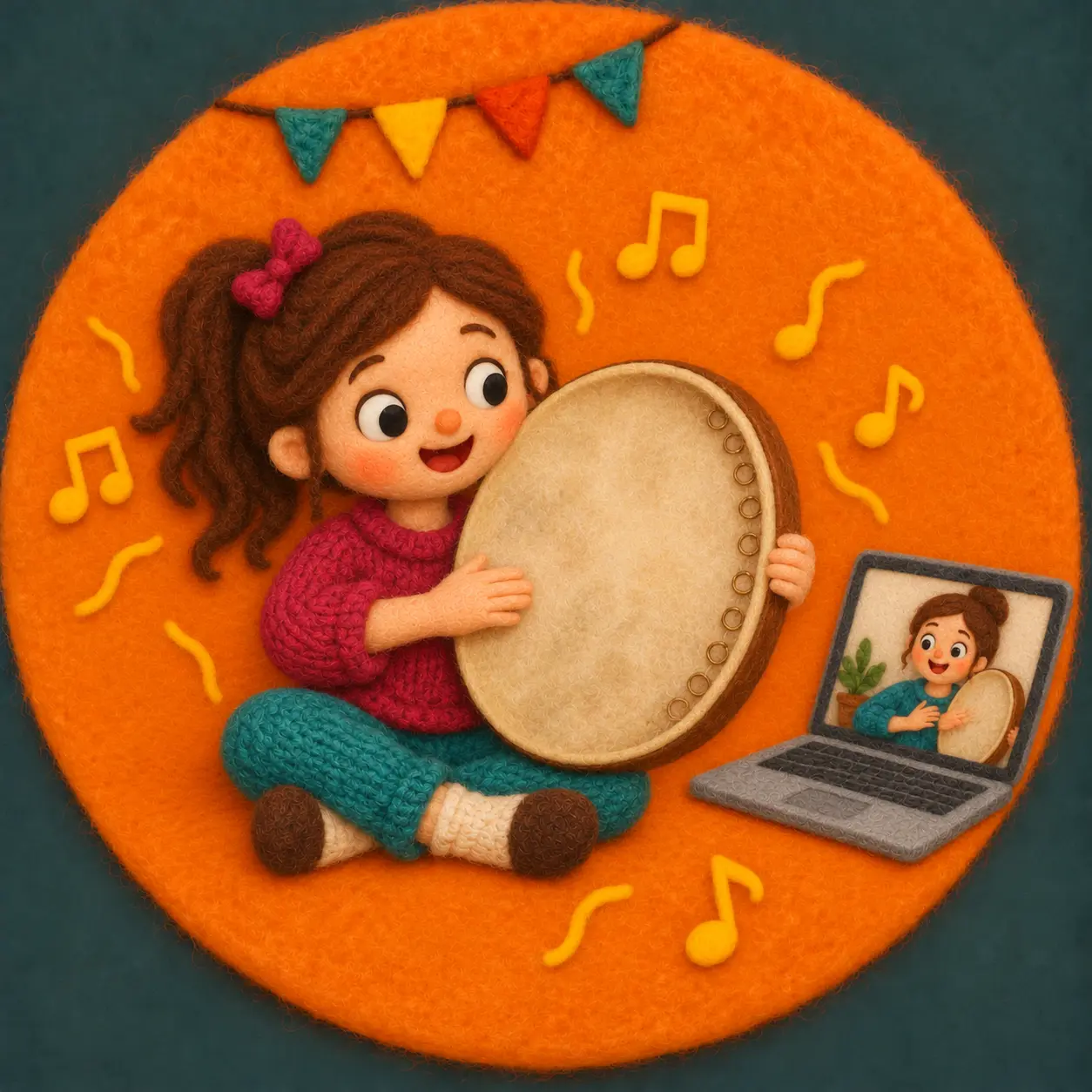 Felt illustration of a child learning daf with an online teacher