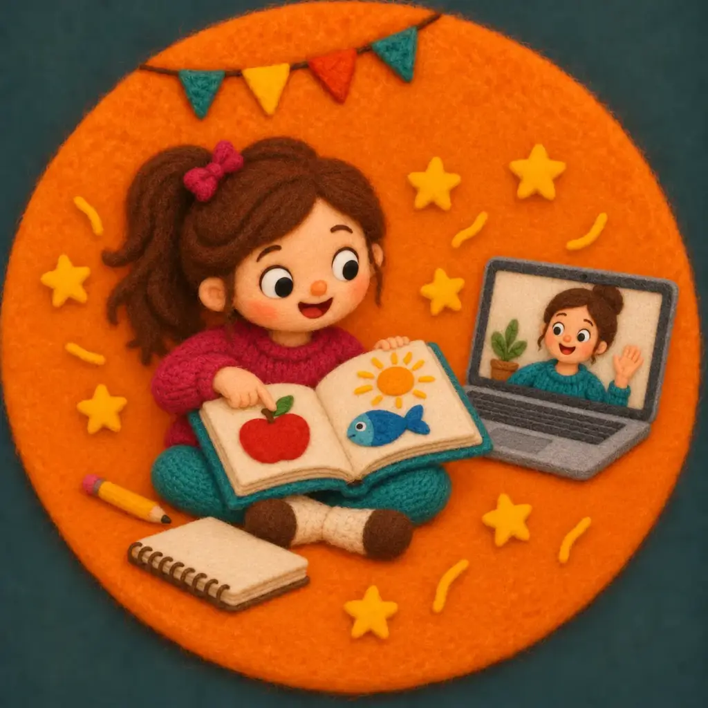 Felt illustration of a child learning farsi with an online teacher