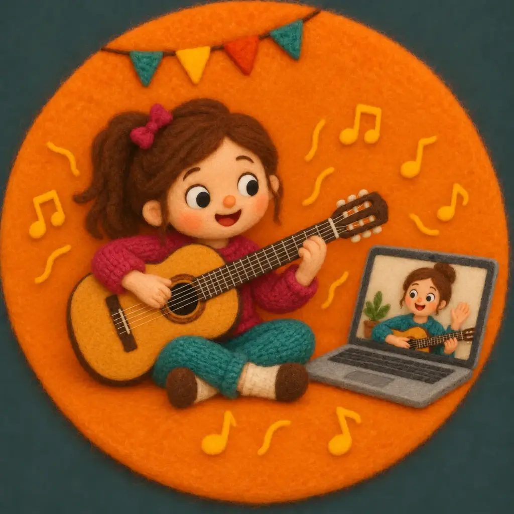 Felt illustration of a child learning guitar with an online teacher