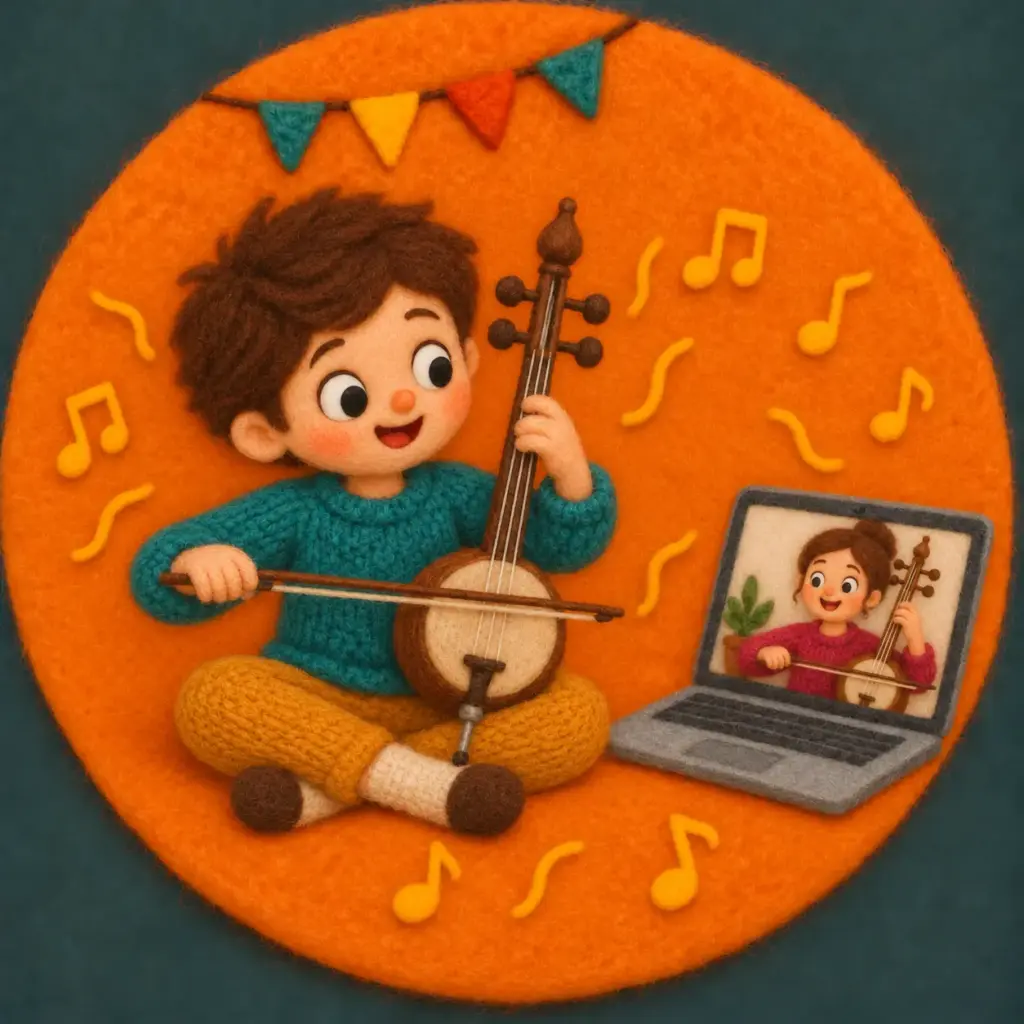 Felt illustration of a child learning kamancheh with an online teacher