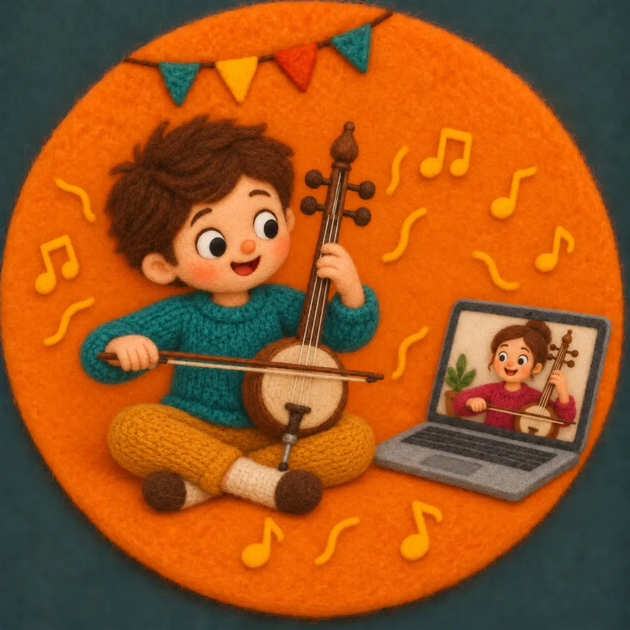Felt illustration of a child learning kamancheh with an online teacher