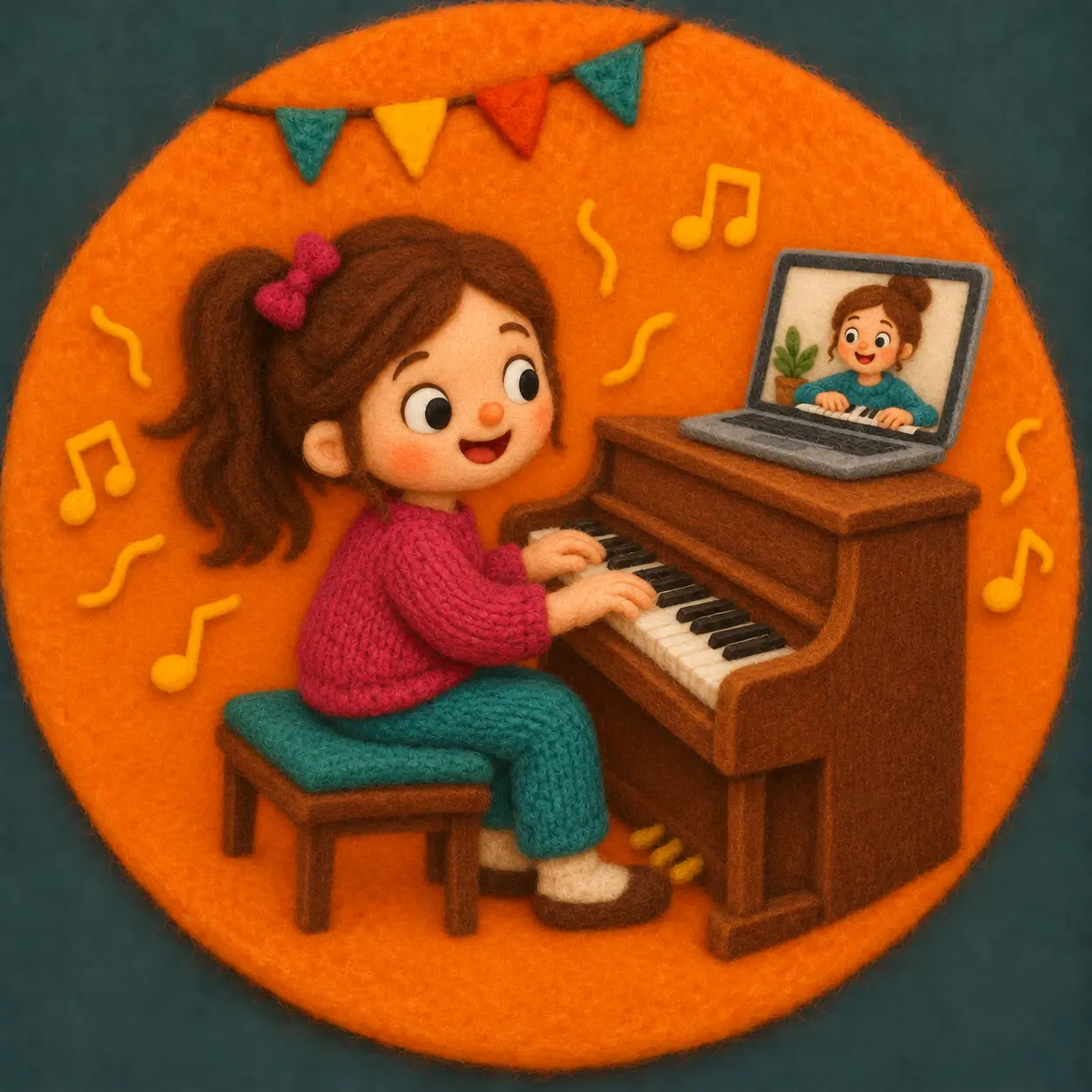 Felt illustration of a child learning piano with an online teacher