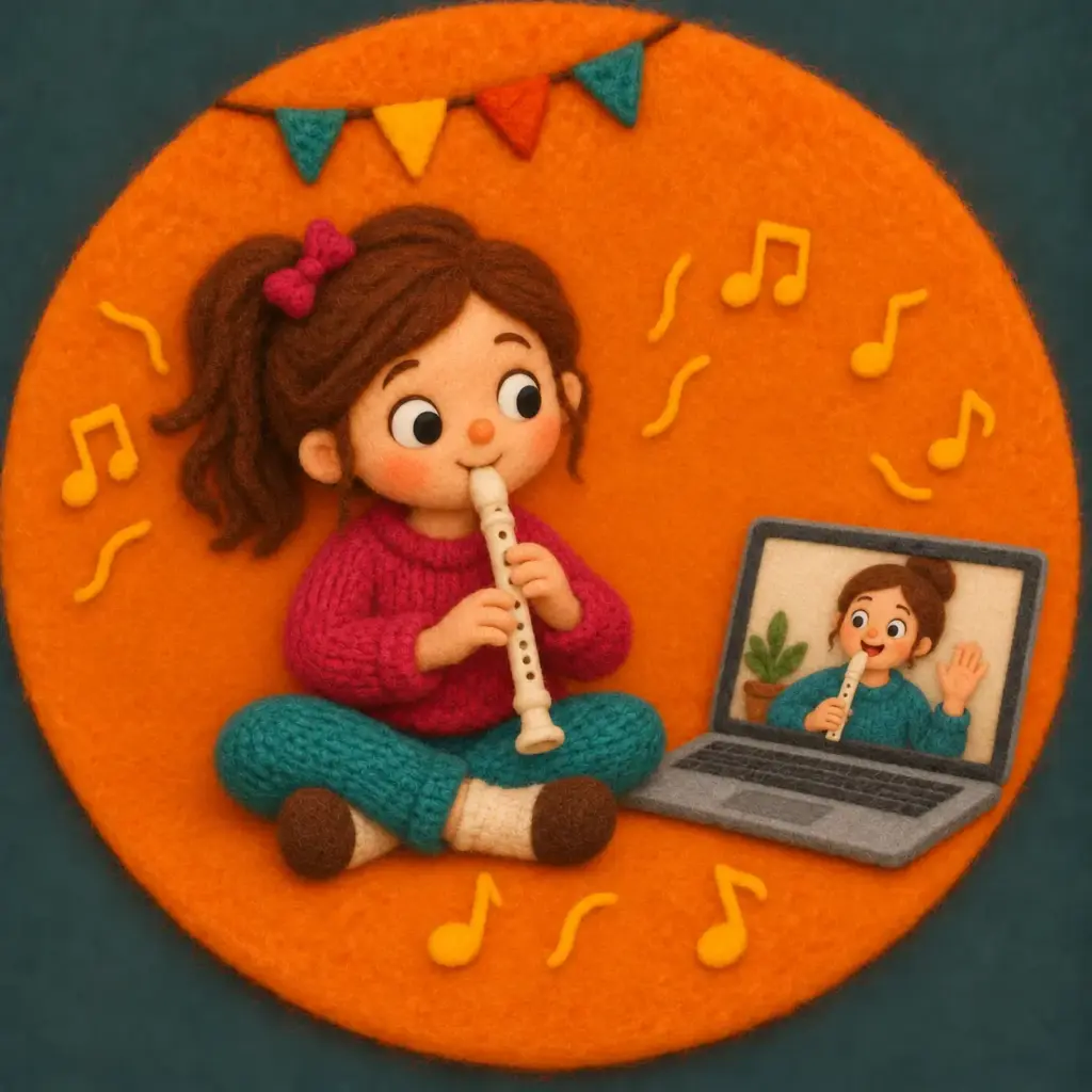Felt illustration of a child learning recorder with an online teacher