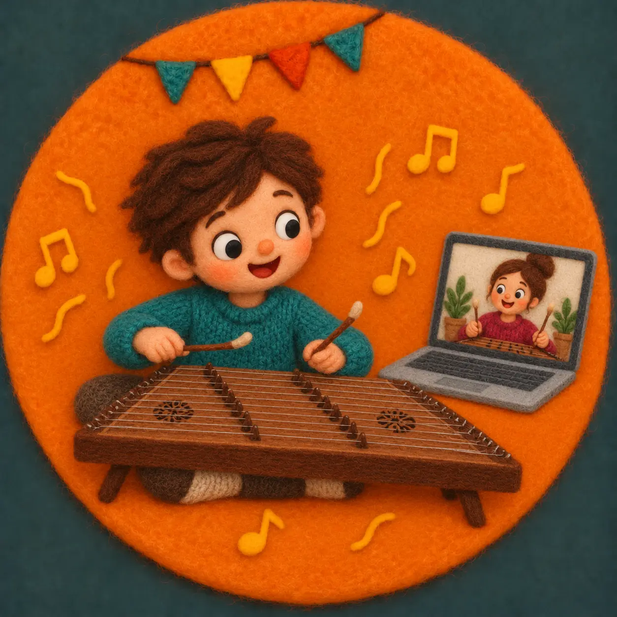 Felt illustration of a child learning santour with an online teacher