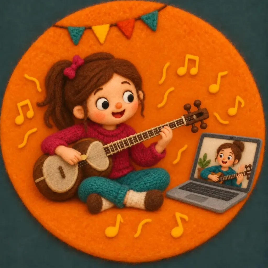 Felt illustration of a child learning tar with an online teacher