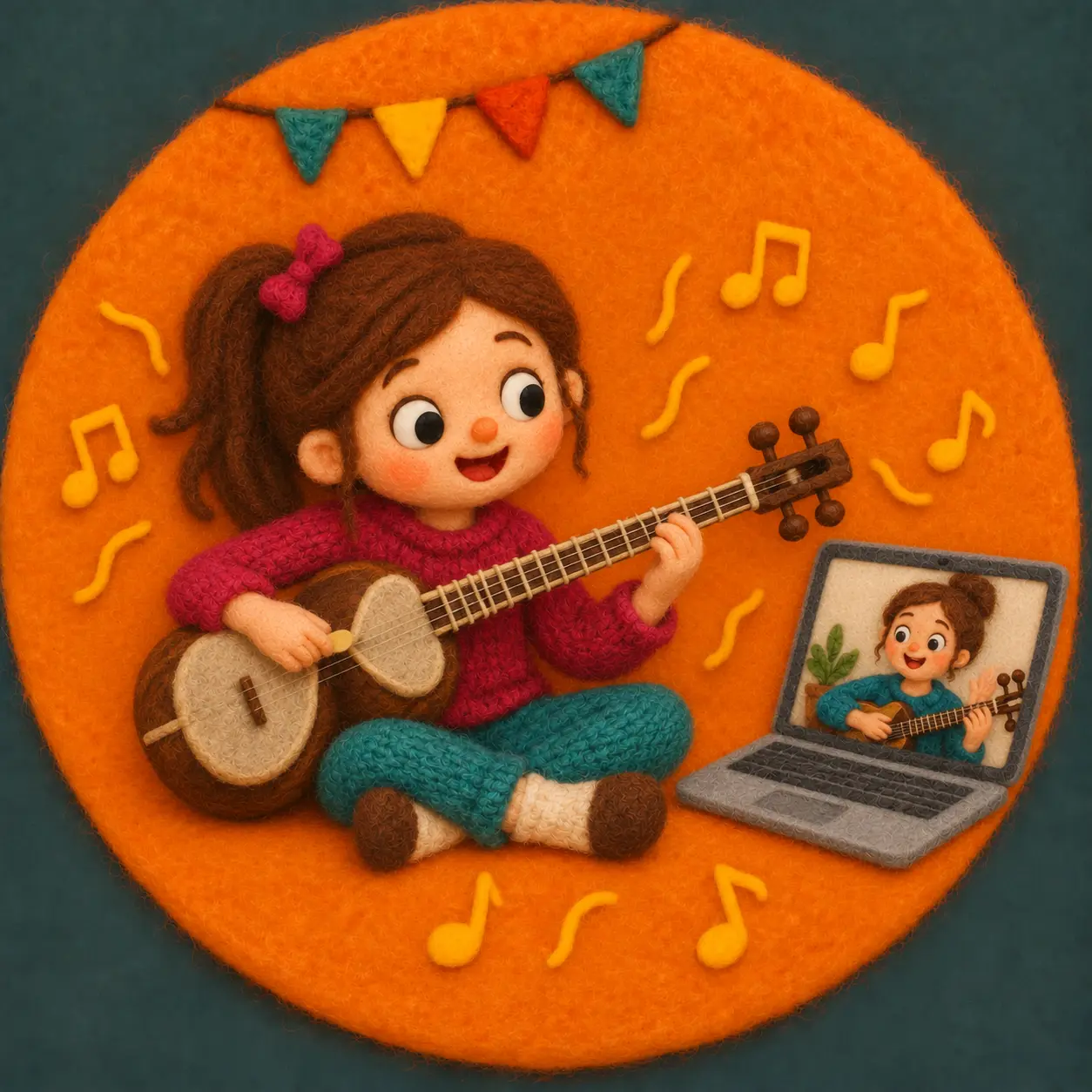 Felt illustration of a child learning tar with an online teacher