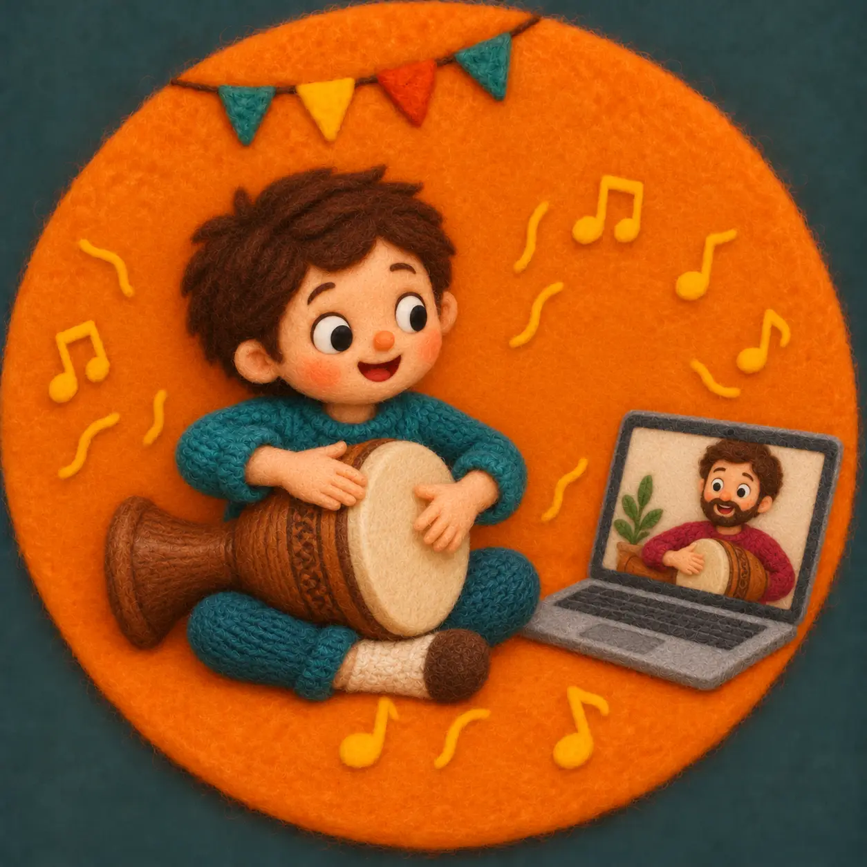 Felt illustration of a child learning tombak with an online teacher