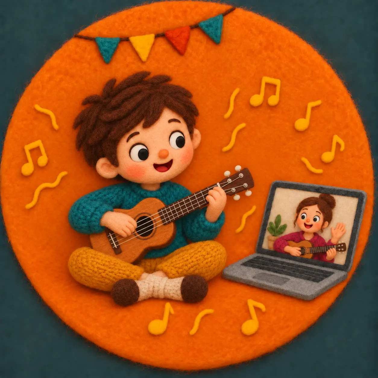 Felt illustration of a child learning ukulele with an online teacher