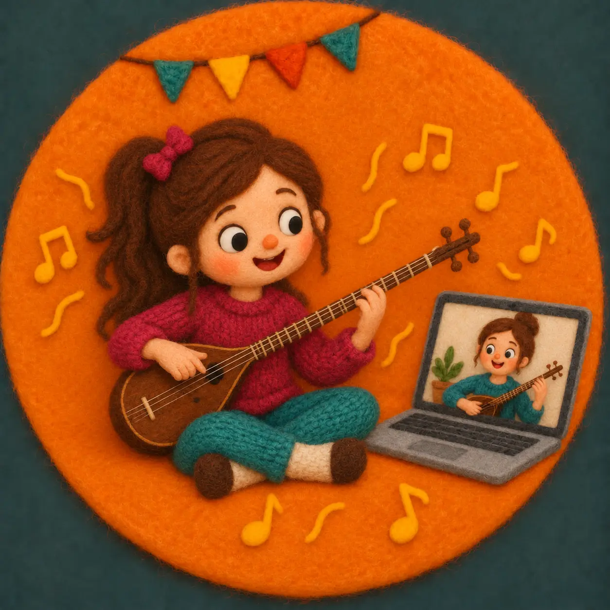 Felt illustration of a child learning setar with an online teacher
