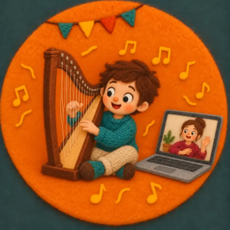 Felt illustration of a child learning harp with an online teacher