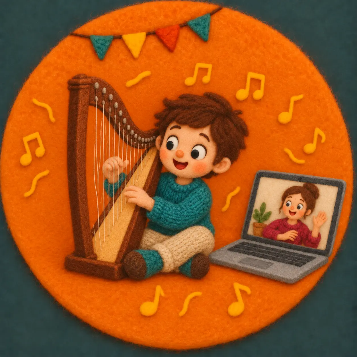 Felt illustration of a child learning harp with an online teacher
